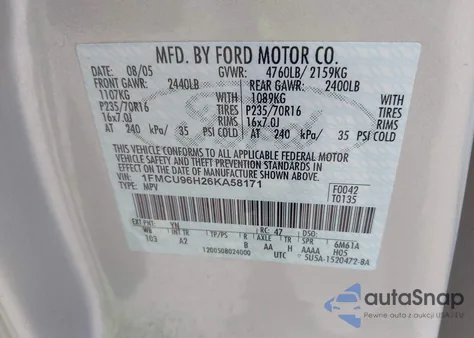 2006 Ford Escape Hybrid из США, поврежденный, VIN 1FMCU96H26KA58171